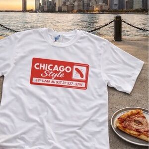 American Apparel White Tee with Red Graphic Chicago Style, 110% Cotton